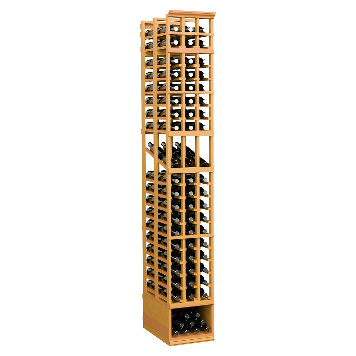 3-column double-deep wine bottle display rack, honey wood frame with tall bottle slots