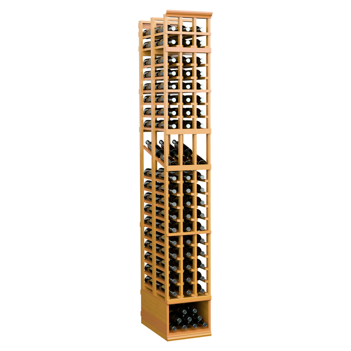3-column double-deep wine bottle display rack, honey wood frame with two-deep bottle rows