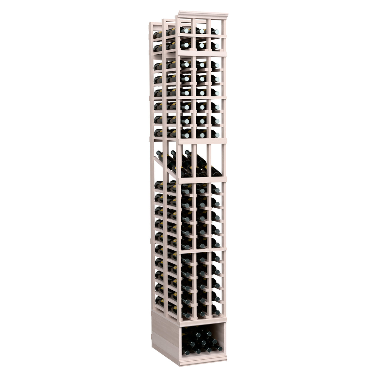 3-column double-deep wine bottle display rack, grey-stained frame with stacked bottle openings