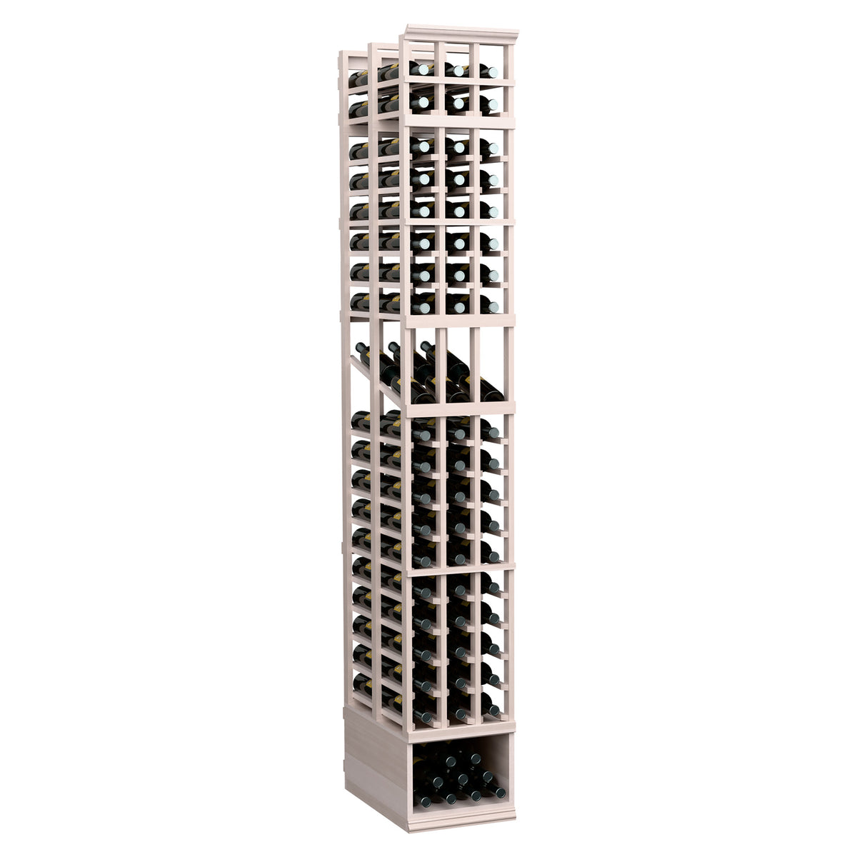 3-column double-deep wine bottle display rack, grey frame with front-facing bottle storage cells