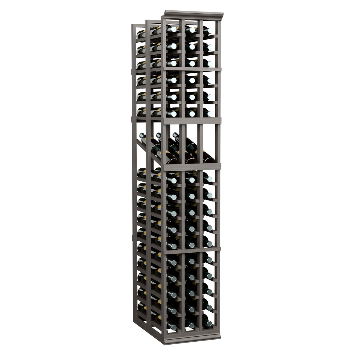 Wine display rack with black frame, three columns, and double-deep bottle storage