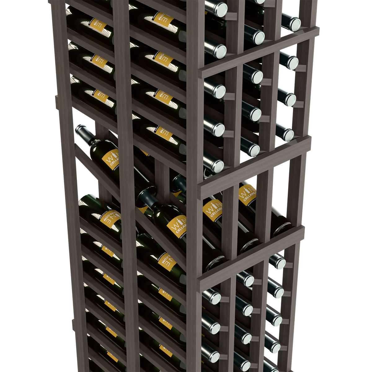 Black wine display rack interior view with front-row wine bottles and side rows
