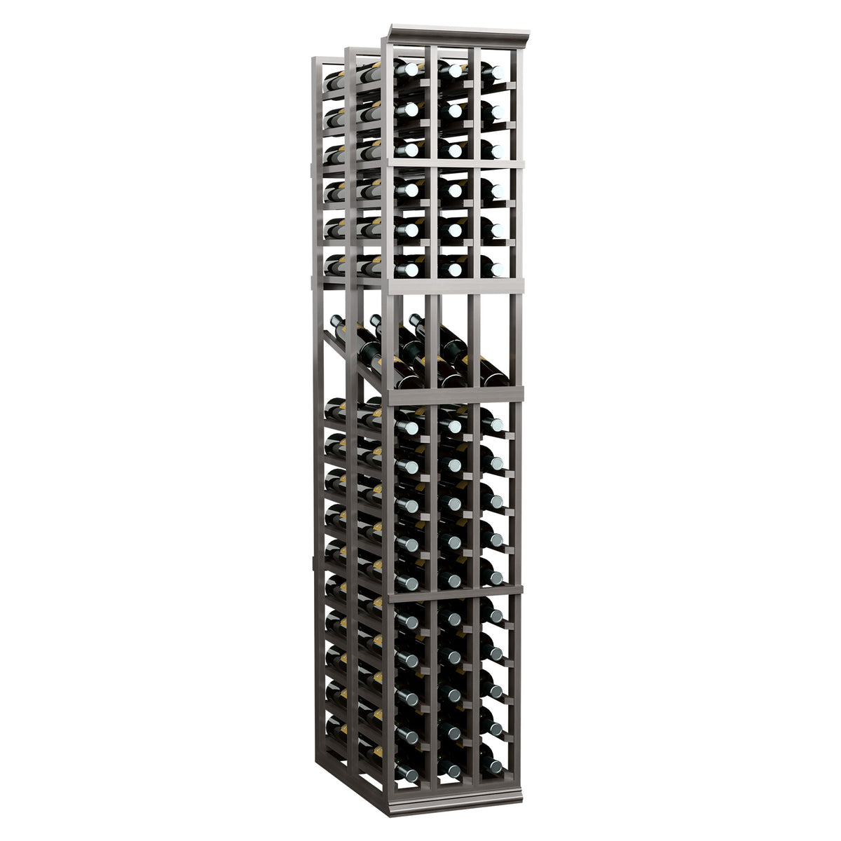 Tall wine display rack with black frame, three columns, and double-deep bottle slots