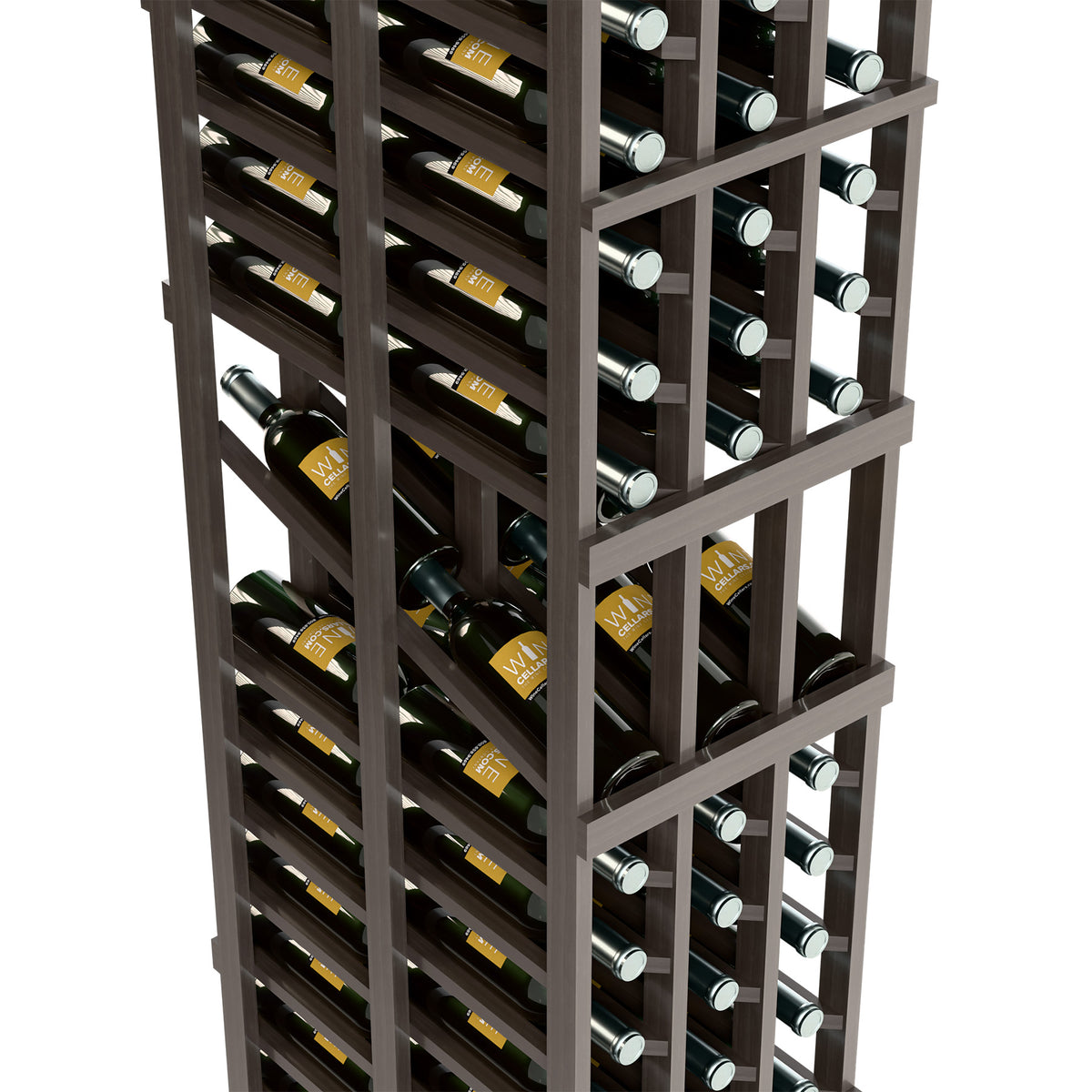 Close view of black wine rack shelves with wine bottles and cork-forward positions