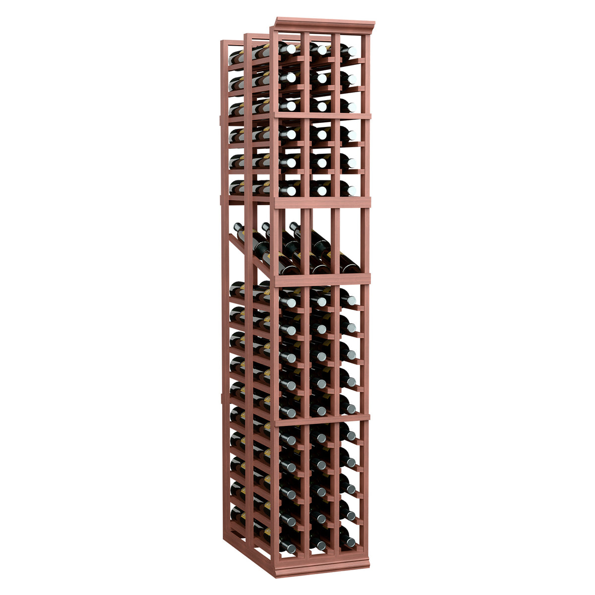 Wine display rack with reddish-brown frame, three columns, and double-deep bottle storage