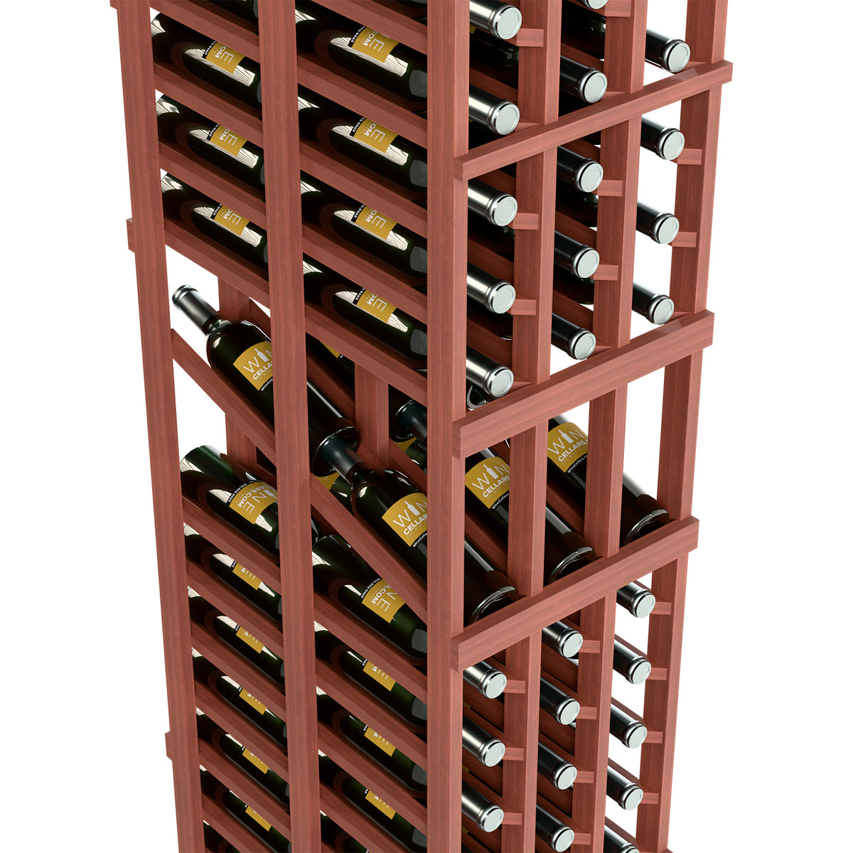 Reddish-brown wine display rack interior with stacked wine bottles across three sections