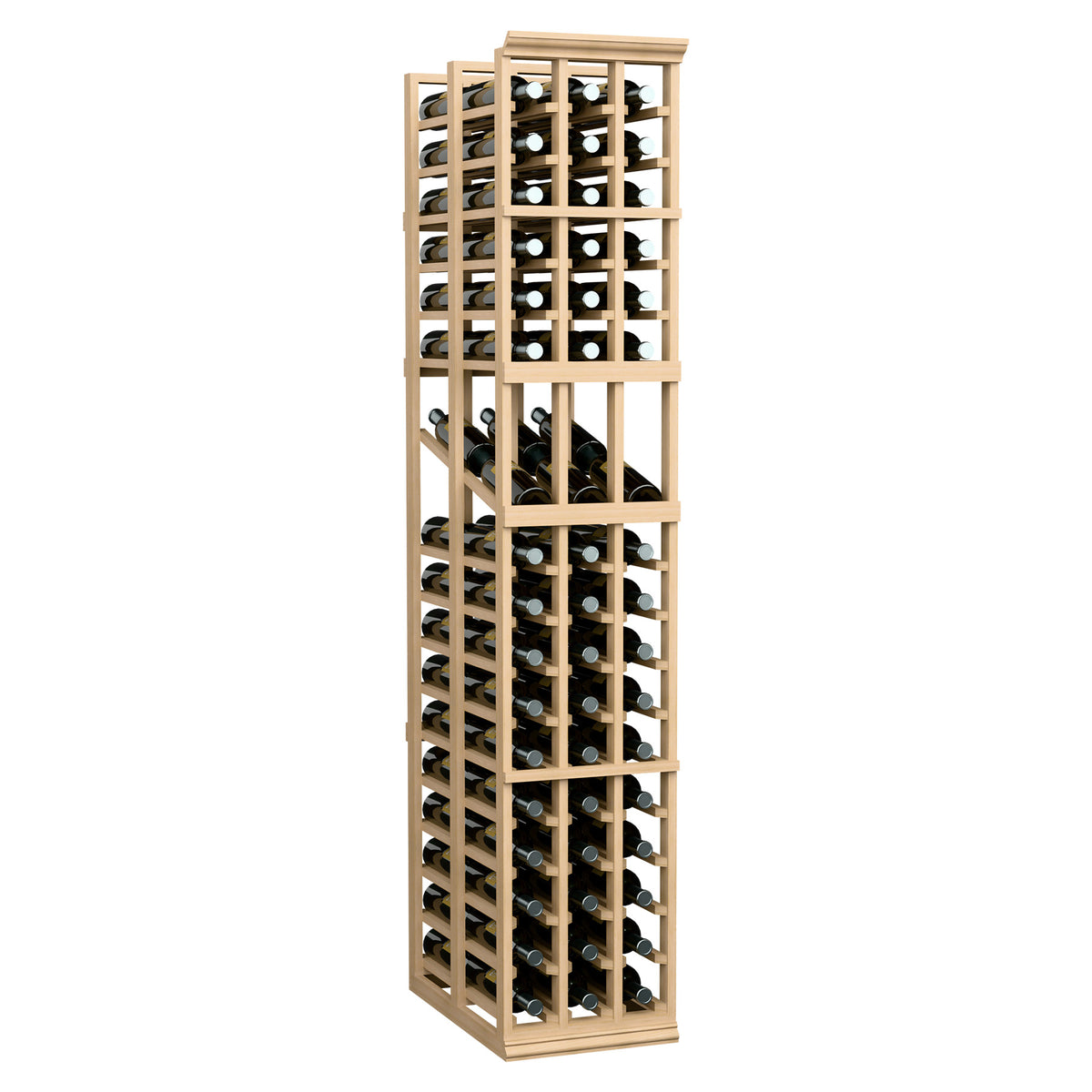Wine display rack with light wood frame, three columns, and double-deep bottle storage