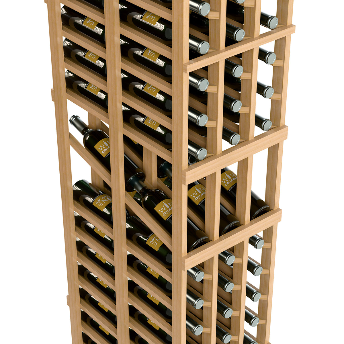 Light wood wine bottle display rack close-up showing shelves with multiple wine bottles