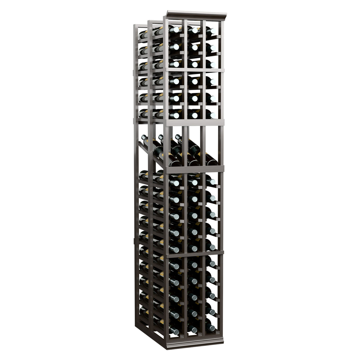 Black wine bottle display rack standing upright with three-column layout