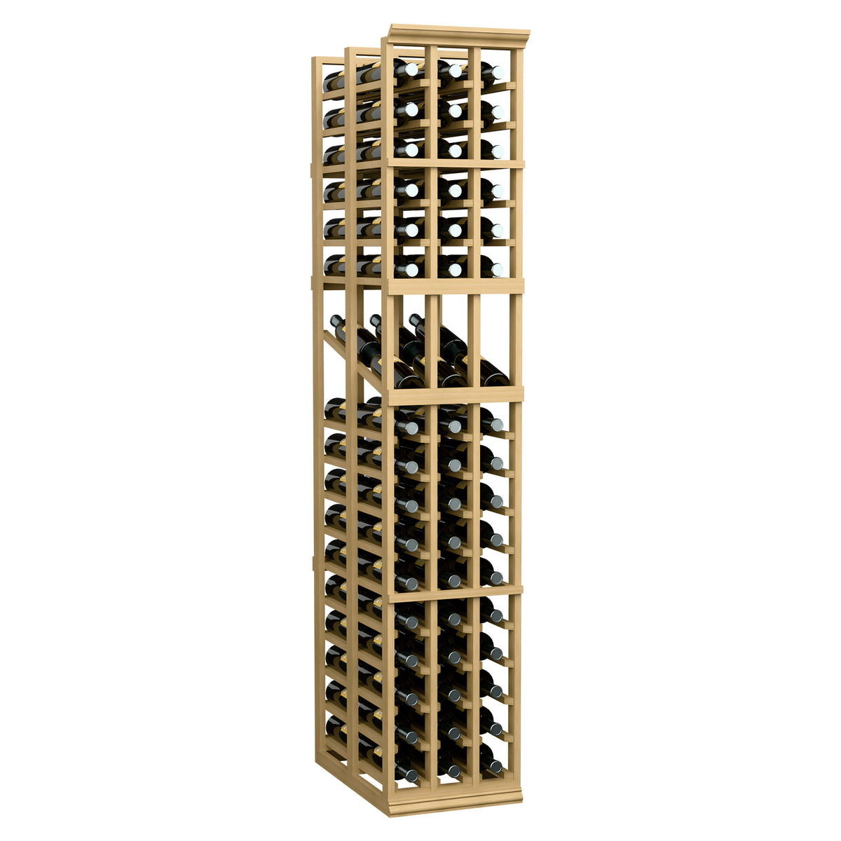 Light wood wine bottle display rack with stacked compartments for bottles