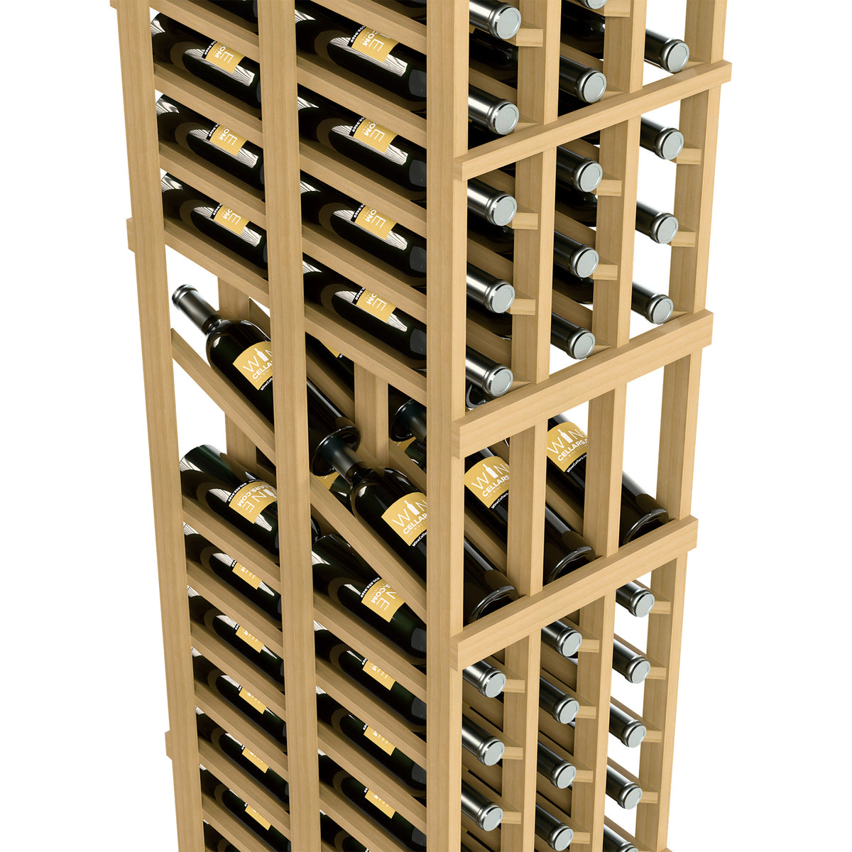 Light wood wine bottle rack close-up with grid shelves holding bottles