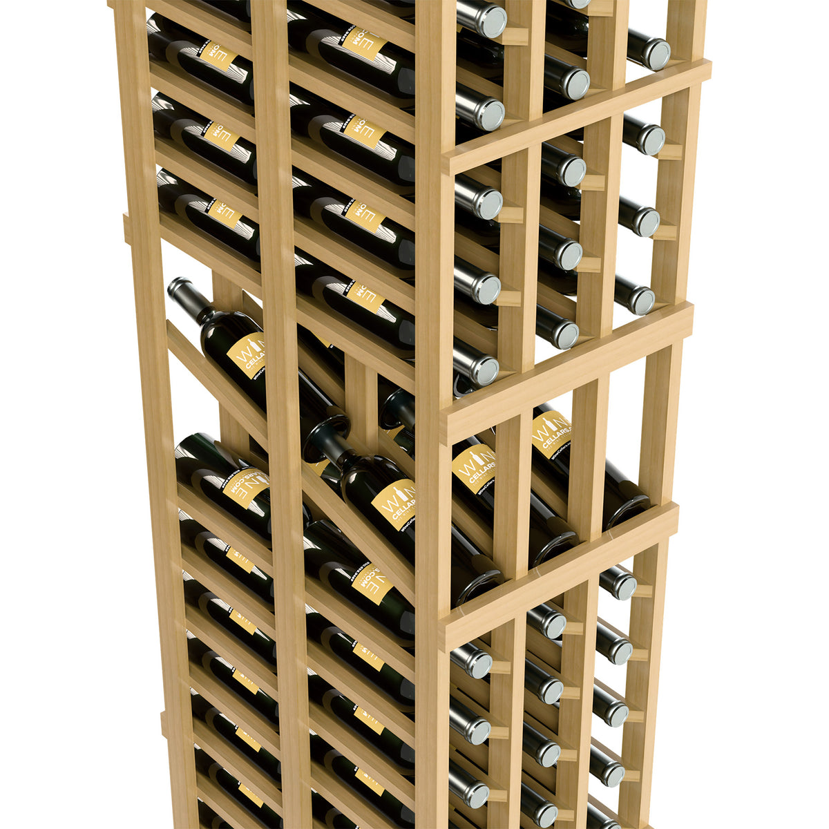 Light wood wine bottle rack close-up showing cubby shelves for bottles