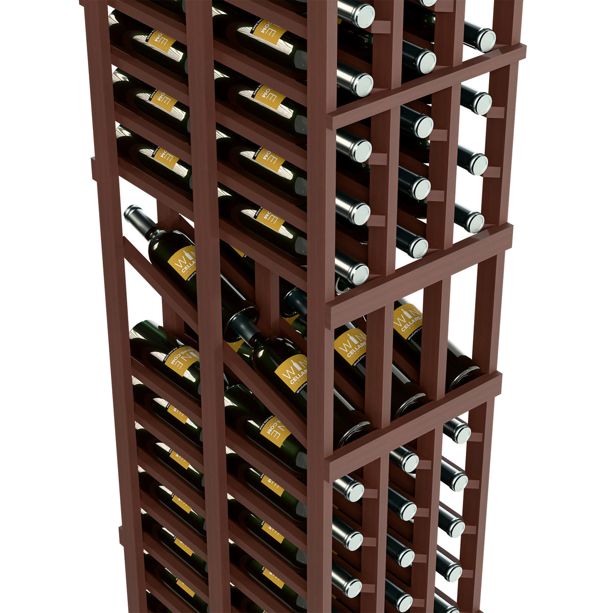Dark wood wine bottle rack close-up with grid shelves holding bottles