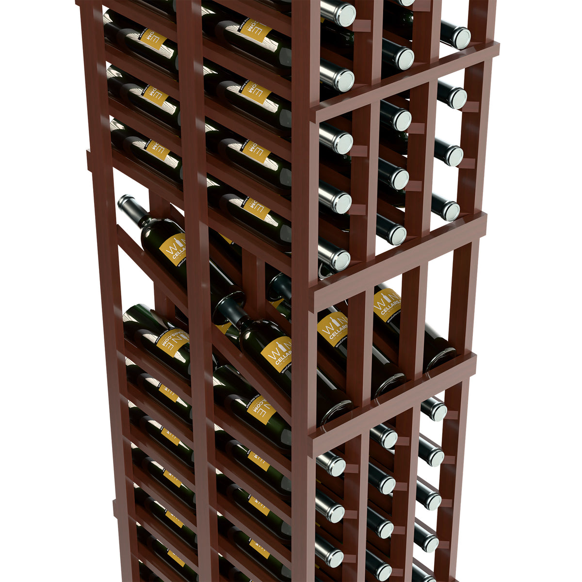 Close-up of dark wood wine display rack showing bottle slots and dividers