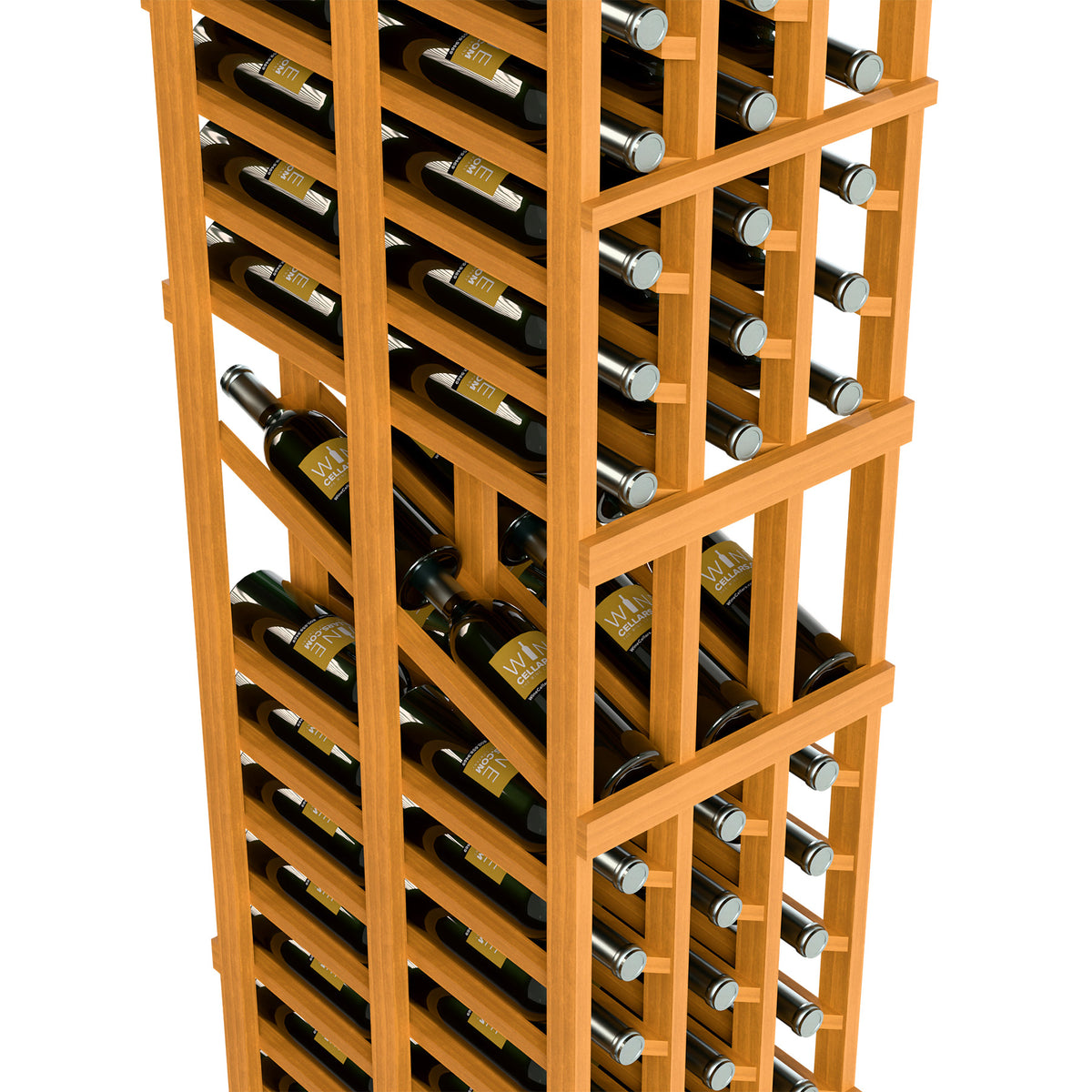 Close-up of light wood wine display rack with bottle slots and crossbars