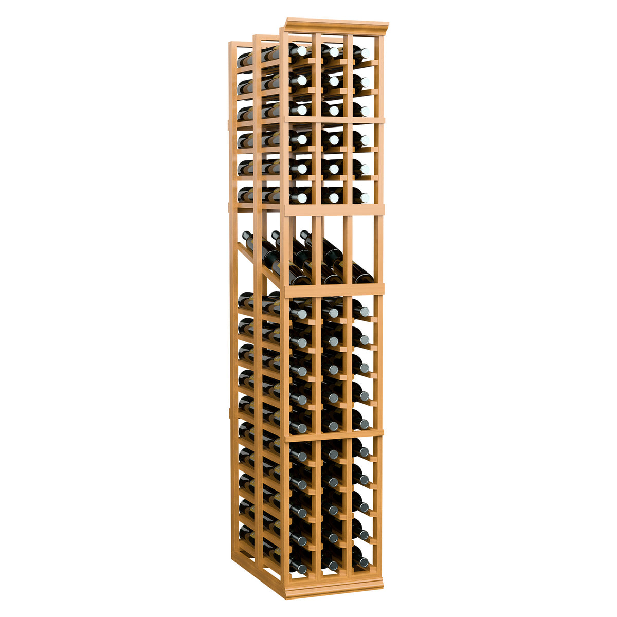 Light wood wine display rack with stacked bottle openings and three-column design