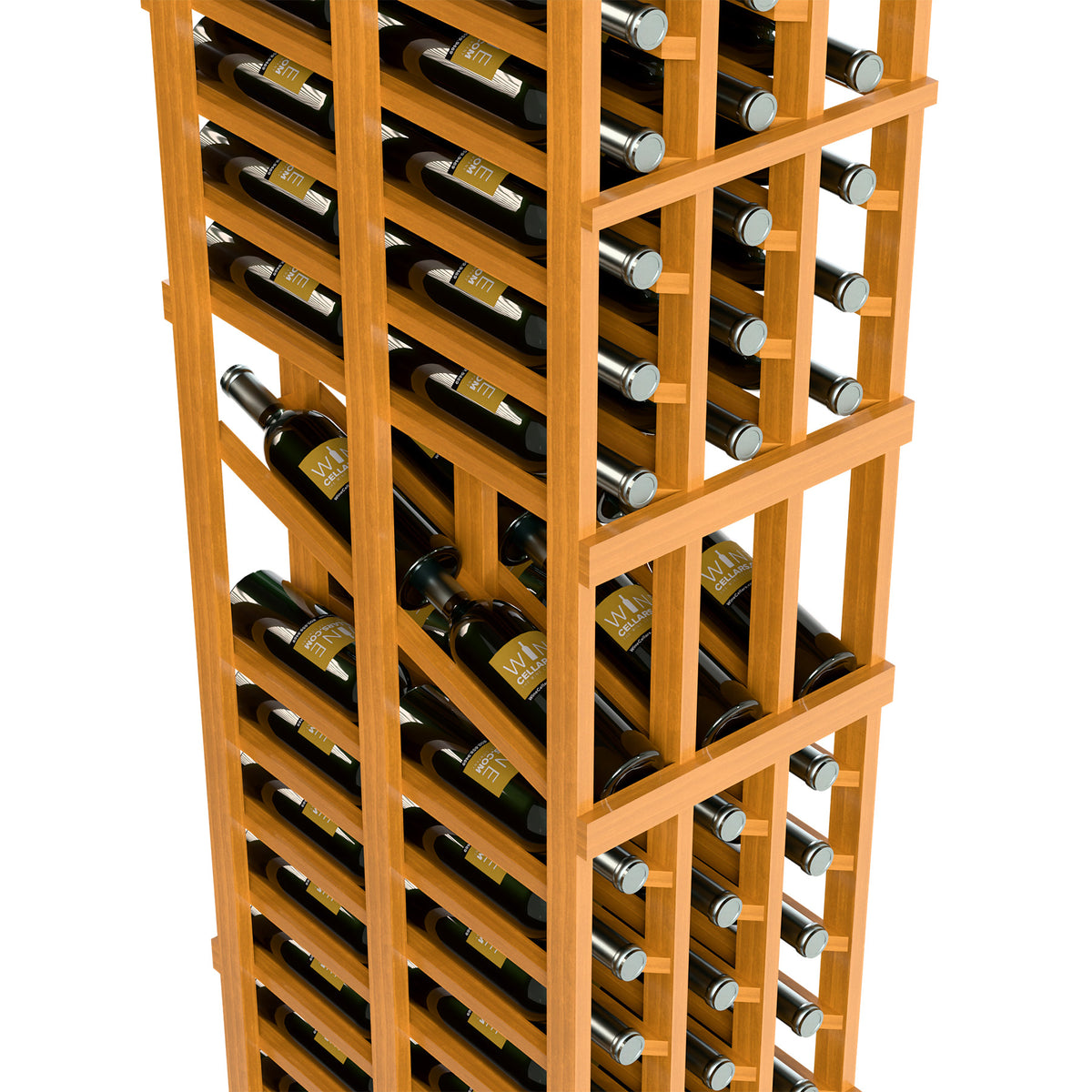Angled close-up of light wood wine display rack showing bottle slots