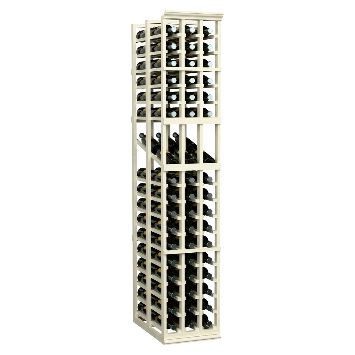 White wine display rack with 3 columns and stacked bottle slots, freestanding