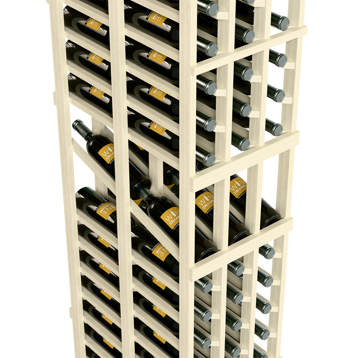 Close-up of white wine display rack showing bottle slots and bottle necks