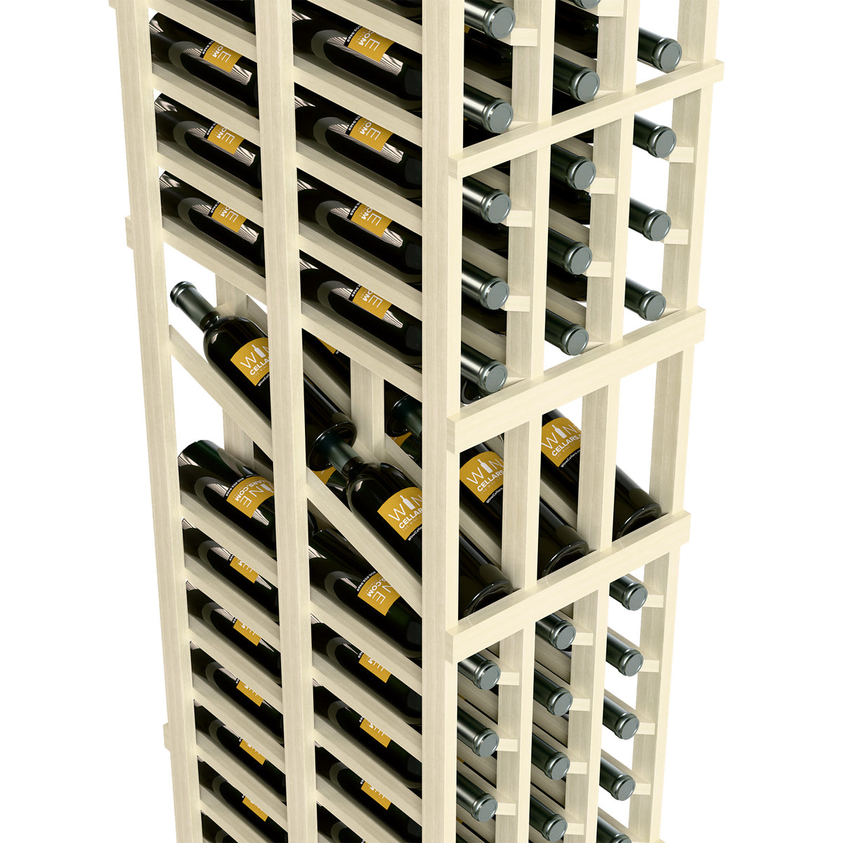Close-up of white wine display rack with bottle slots across three columns