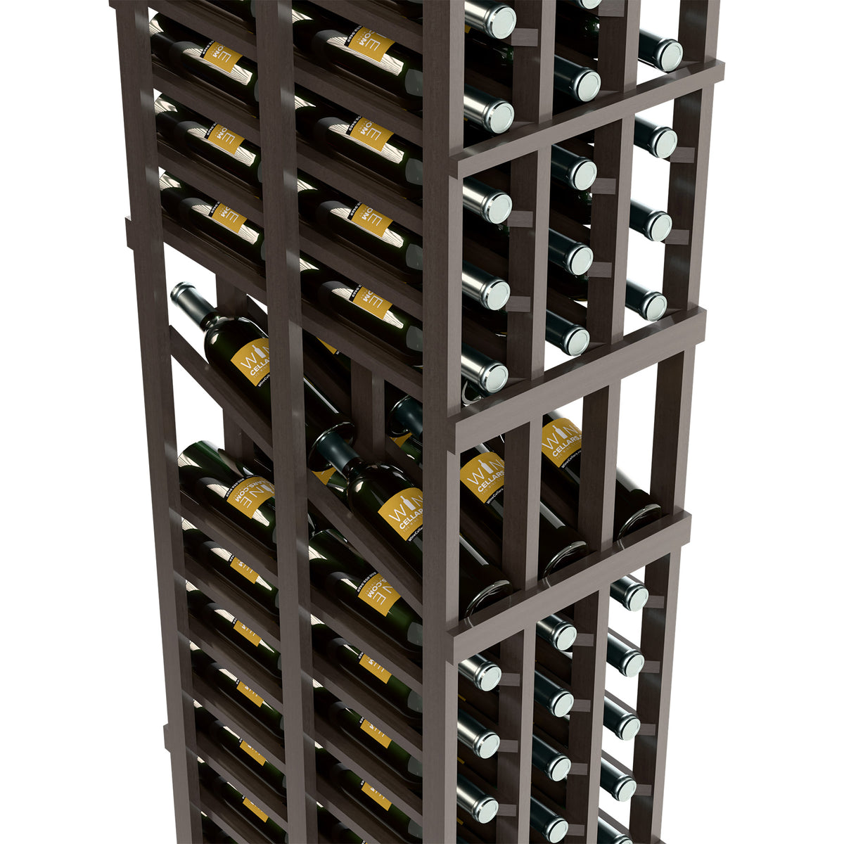 Angled view of dark wine rack showing bottle storage and glass holder rows