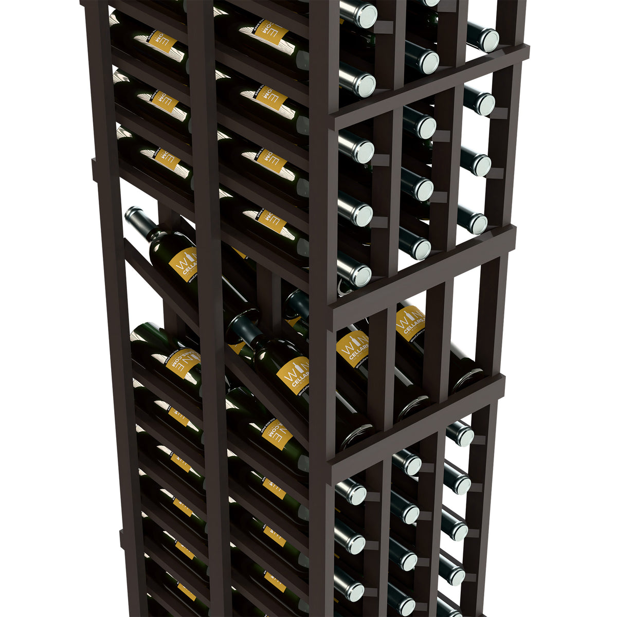 Wine bottle display rack close-up, dark wood shelves with bottles in two depths