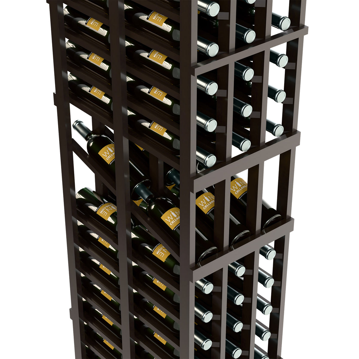 Wine bottle display rack close-up, dark wood frame with stacked bottle rows