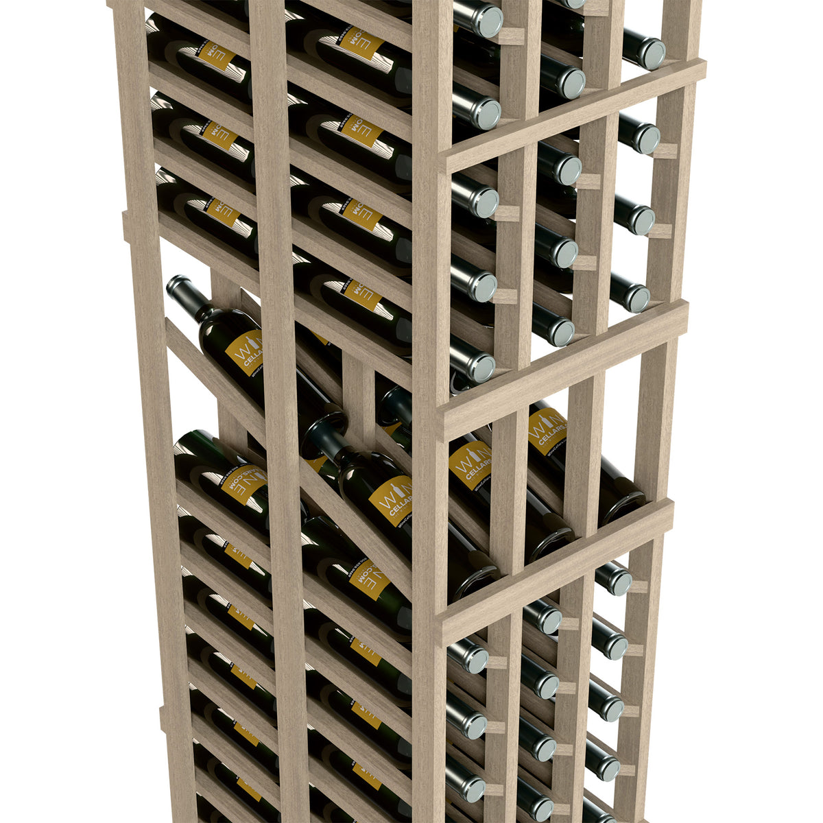 Wine rack with open wooden shelves holding wine bottles and corked bottle necks