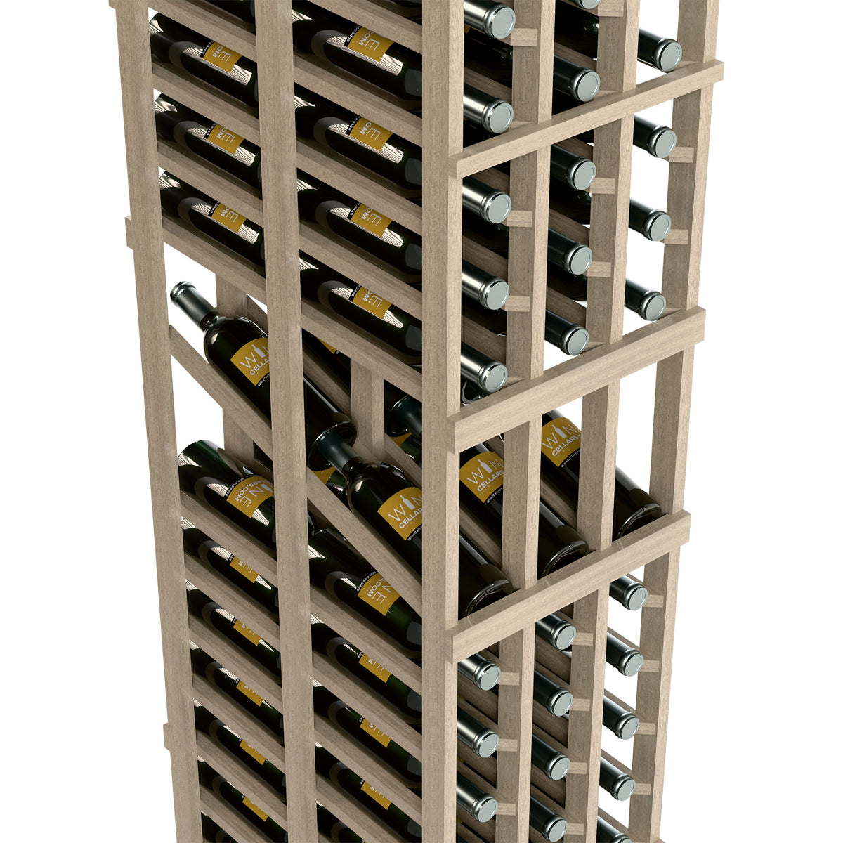 Wine display rack close-up showing bottle slots and rows in a wooden frame