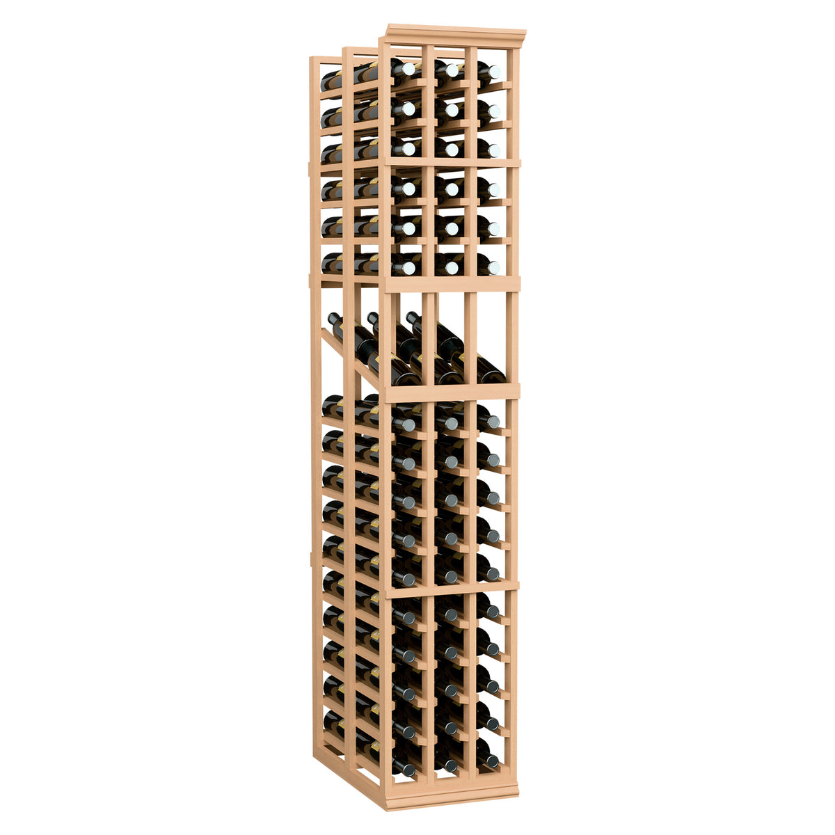 3-column double deep wine display rack in light wood with front and side bottle rows