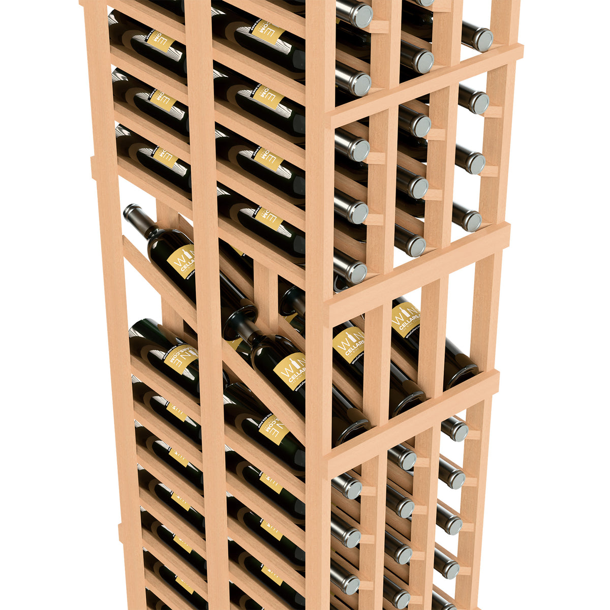 Wine rack close-up with light wood frame and wine bottles across multiple shelves