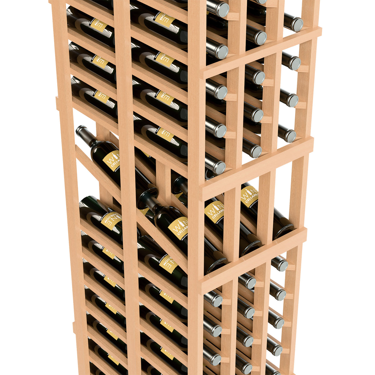 Wine display rack detail with light wood shelves and bottles in staggered slots