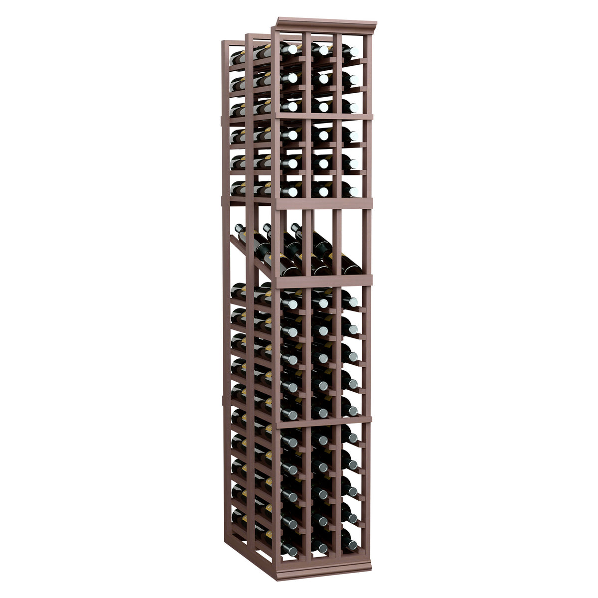 3-column double deep wine display rack in dark wood tones with multiple bottle rows