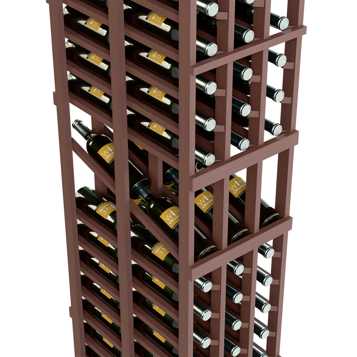 Wine rack close-up showing dark wooden shelves with bottles and glass bottle necks
