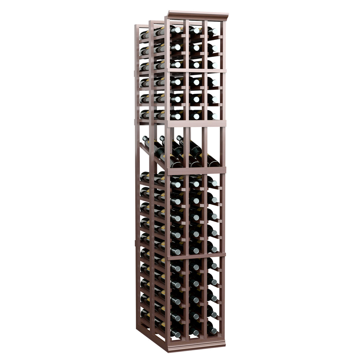Dark wood wine display rack with multi-row bottle slots and glass-style front openings