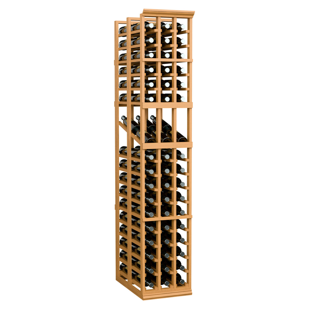 Light wood wine display rack with multi-row bottle slots and front bottle dividers