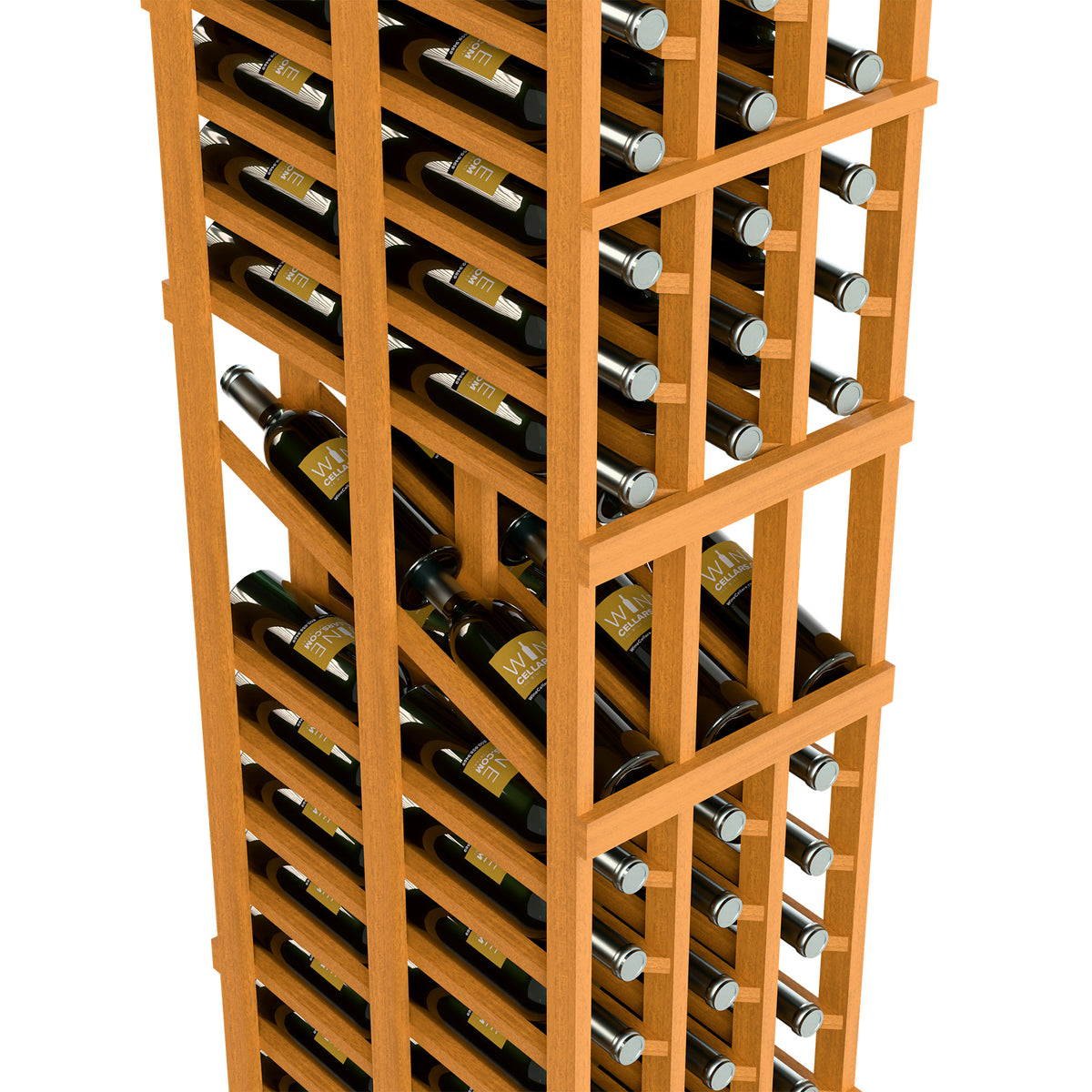 Close-up of light wood wine rack with bottle slots holding wine bottles