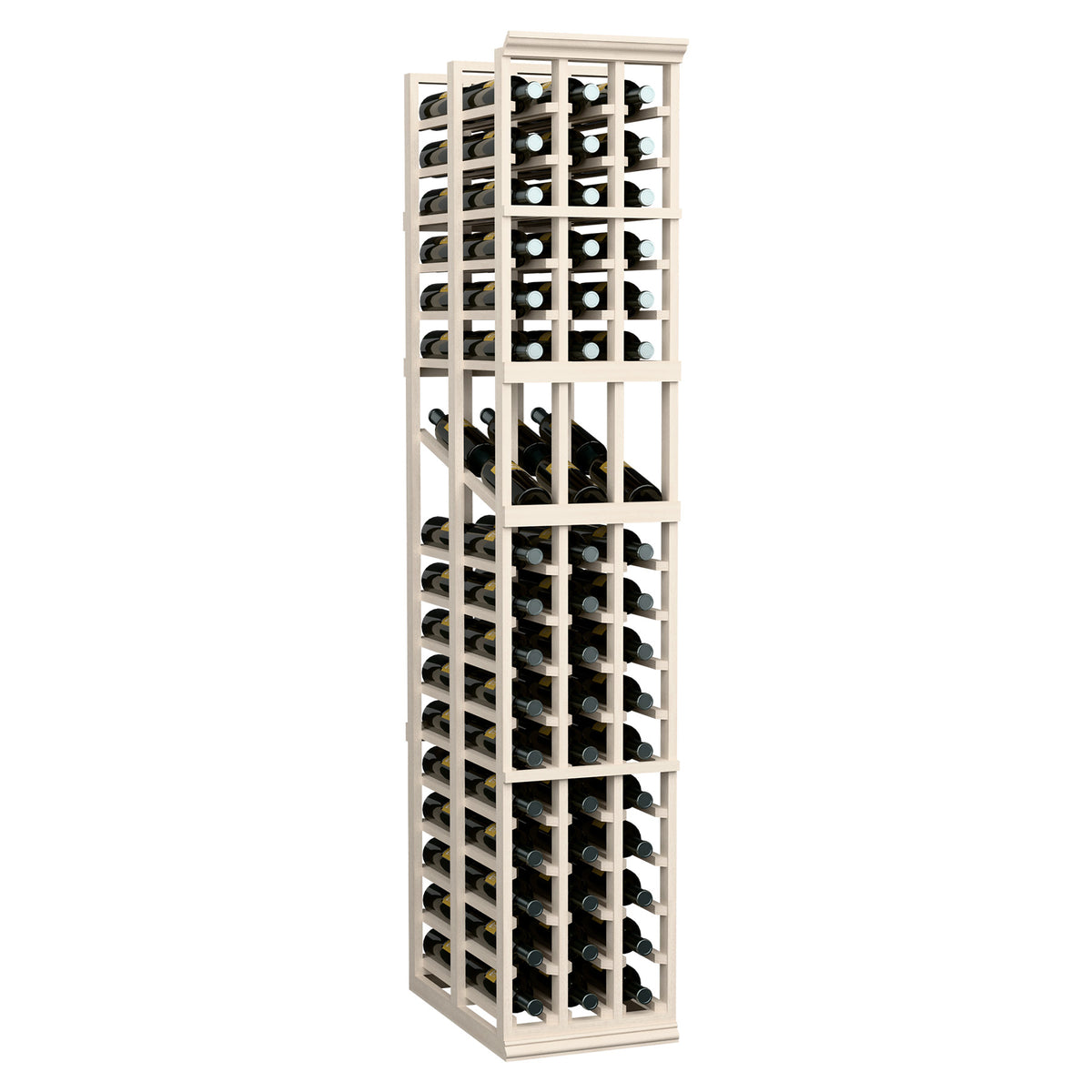 Whitewashed wood wine display rack with multi-row bottle slots and front dividers