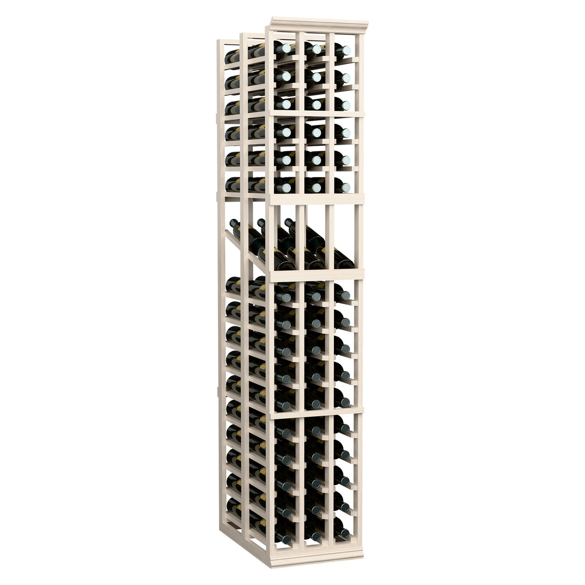 Whitewashed wood wine display rack with stacked bottle openings and multi-row storage