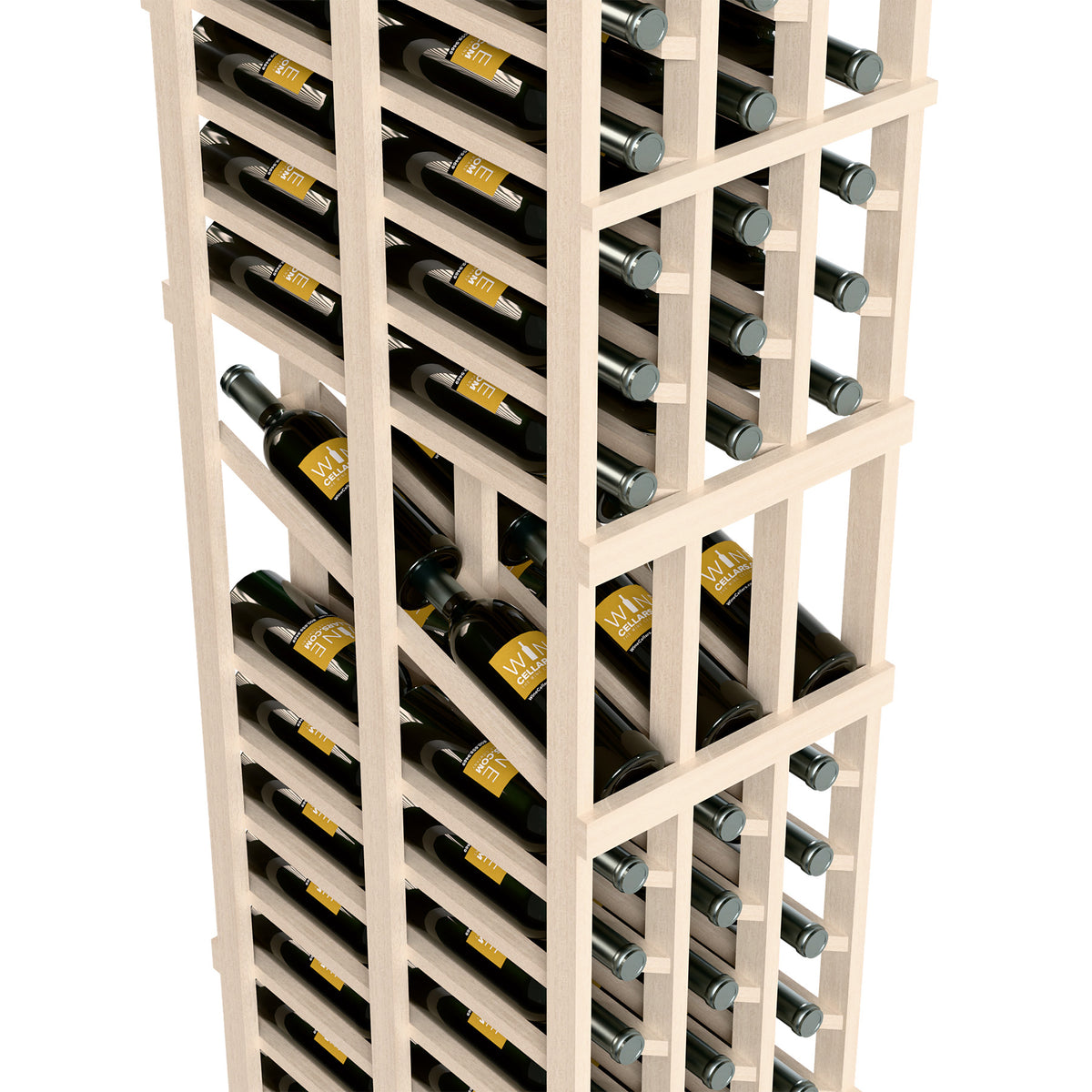 Close-up of whitewashed wood wine rack with bottle slots holding wine bottles