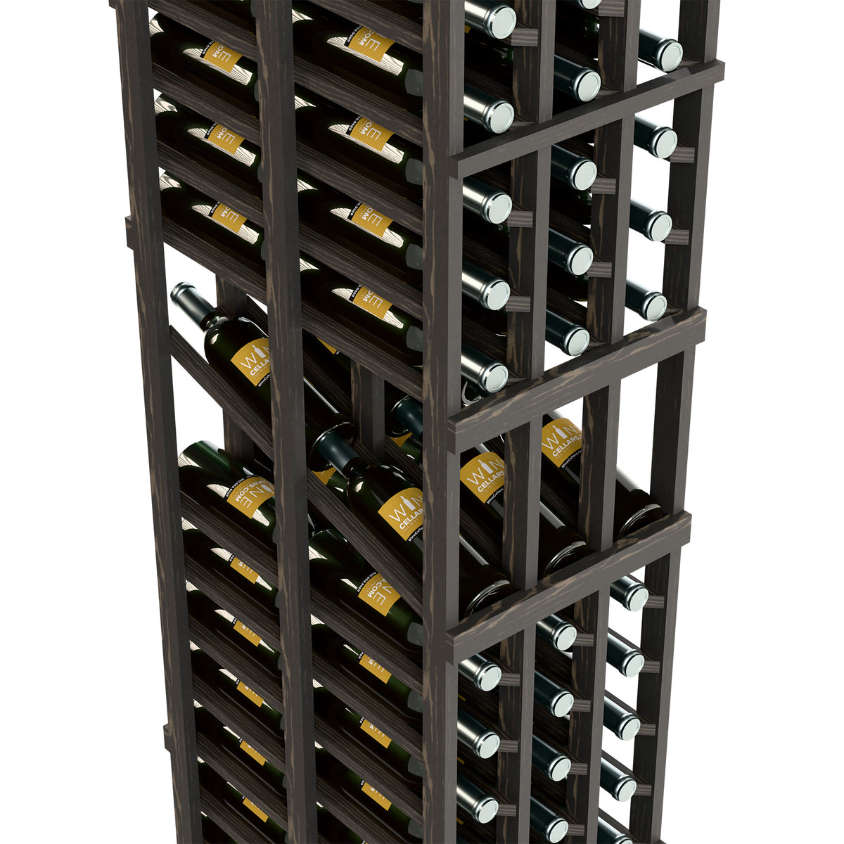 Black double-deep wine rack close-up with bottle rows and wine glass holders.