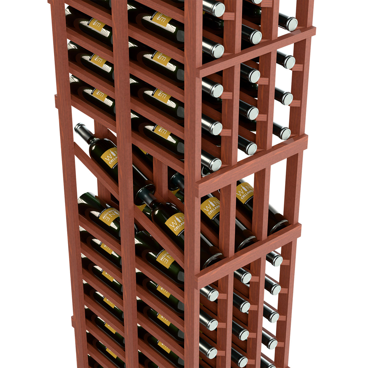 Red-brown double-deep wine rack close-up with bottle rows and wine glass holders.