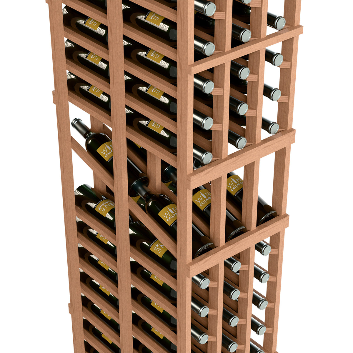 Red-brown double-deep wine rack close-up of bottles and wine glass holders.