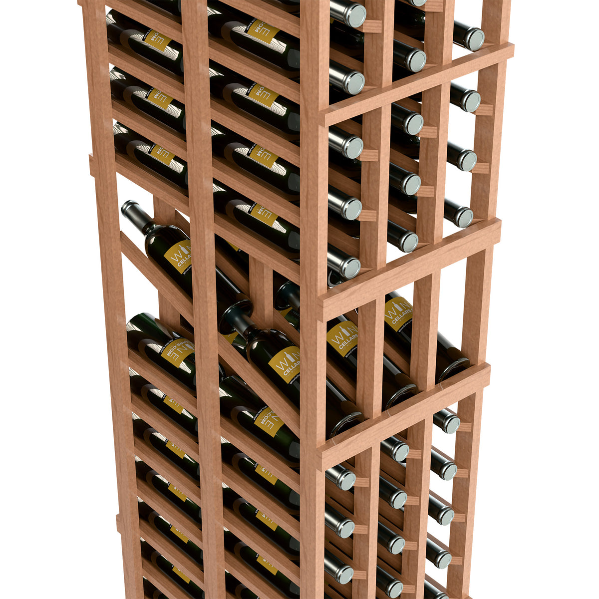 Light wood wine rack close-up with bottle cradles and grid dividers