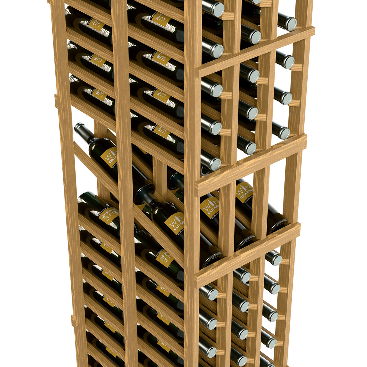 Light wood wine rack close-up showing bottle rows and rectangular grid bars