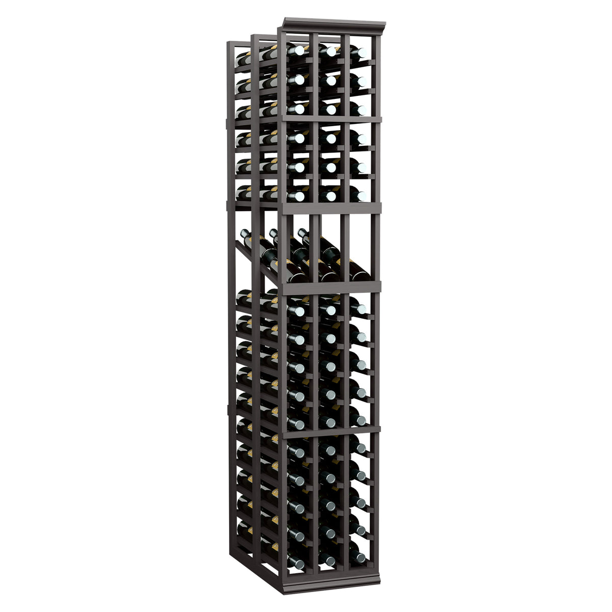 3-column double-deep wine display rack, dark wood frame with bottle slots