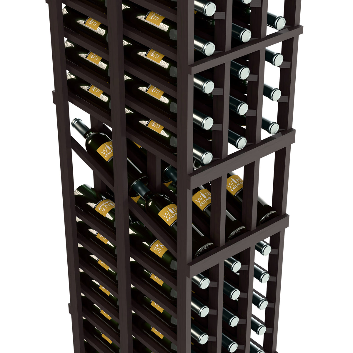 Dark wood wine rack close-up with bottle cradles and grid dividers