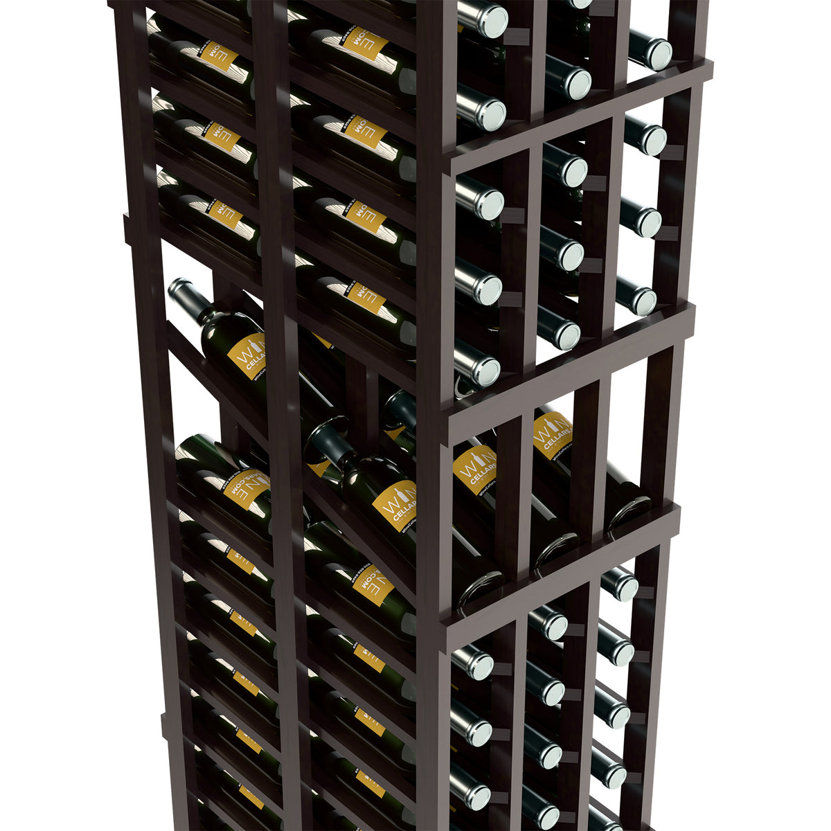 Dark wood wine rack close-up showing bottle rows and rectangular grid bars