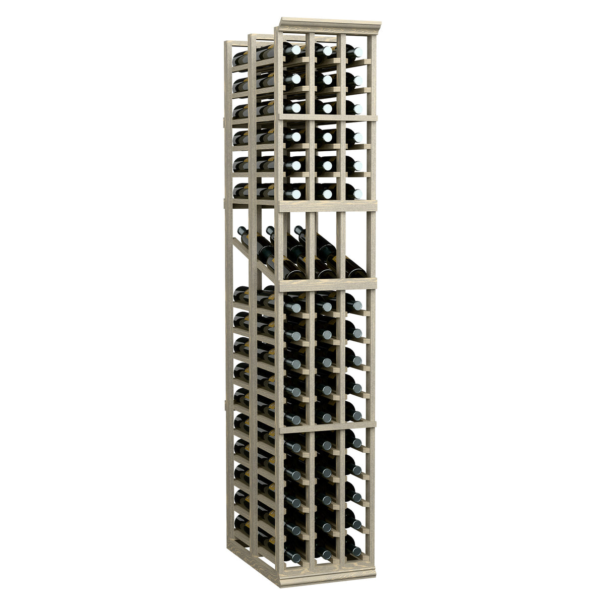 Light wood 3-column double deep wine display rack holding bottles in rows