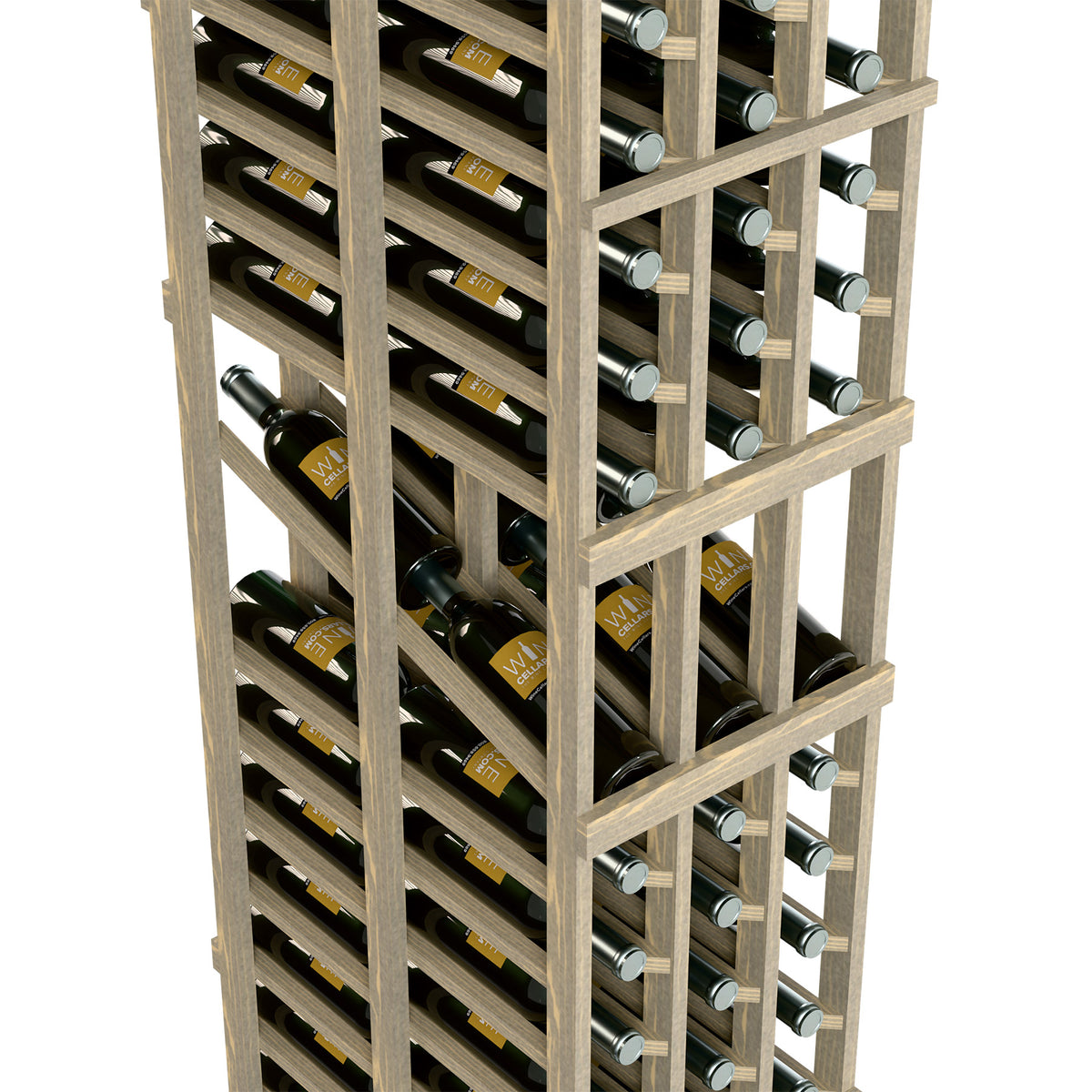 Light wood wine display rack side view with bottle necks and labels in grid